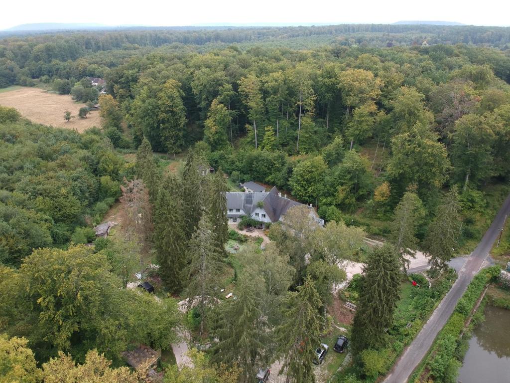 - une vue aérienne sur une maison dans les bois dans l'établissement Le jardin de Saint Jean, à Saint-Jean-aux-Bois