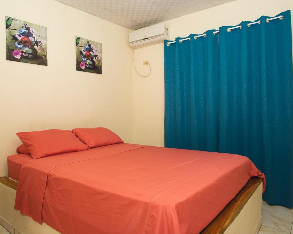 um quarto com uma cama com uma cortina azul em Residencial El Viajero em David