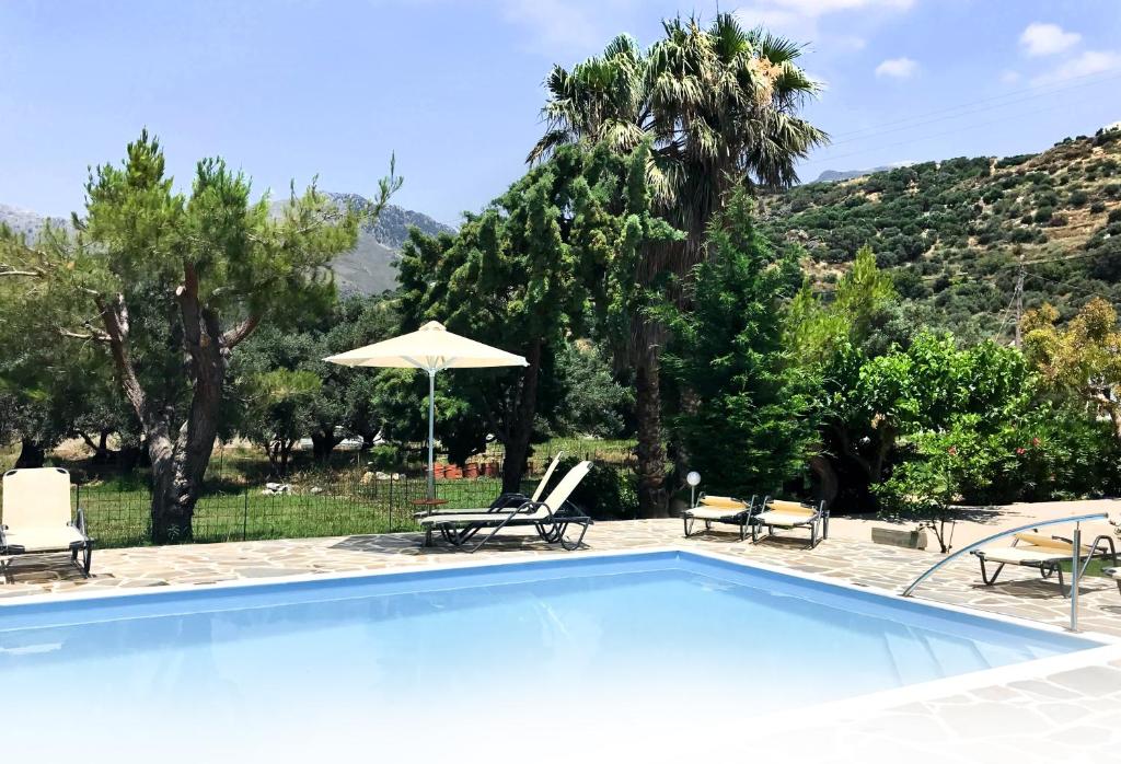 a swimming pool with chairs and an umbrella at IRIDA Studios Hotel & Pool in Plakias