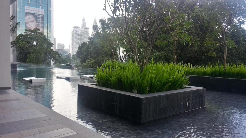 a planter with plants in the middle of a river at The Horizon Residences in Kuala Lumpur