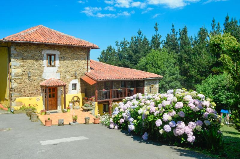 Ein Haus mit einem Haufen Blumen davor in der Unterkunft La AsturXana in Malleza