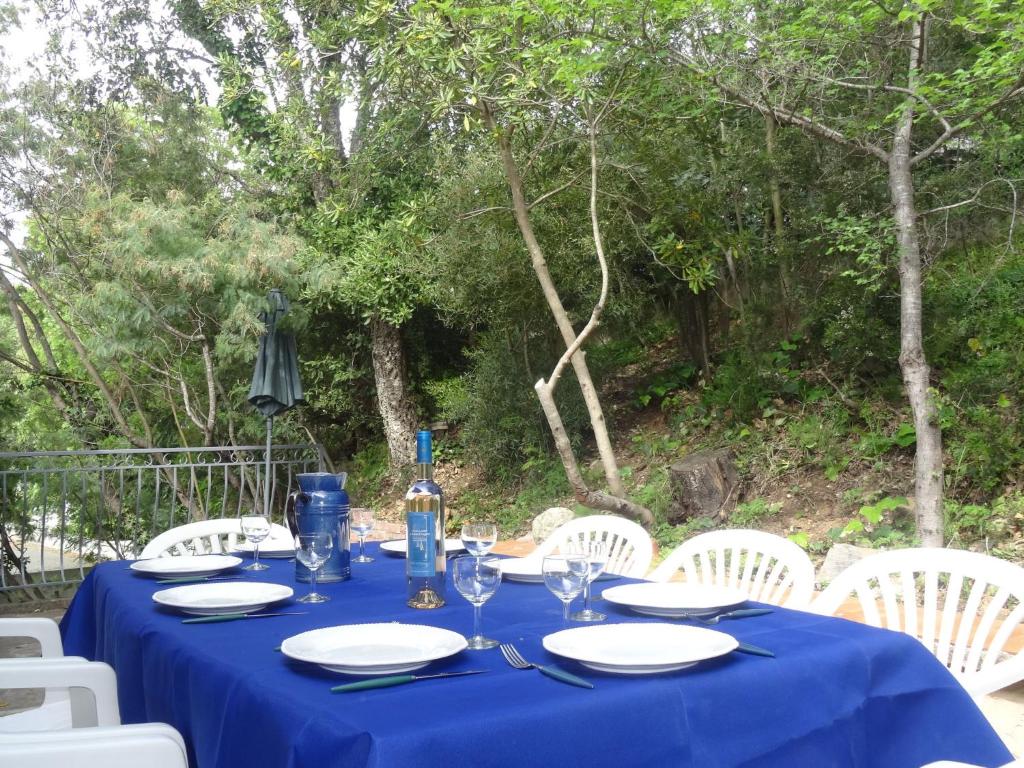 サントロペにあるHoliday Home Le Vent d'Est by Interhomeの青いテーブルクロスと白い椅子付きのテーブル