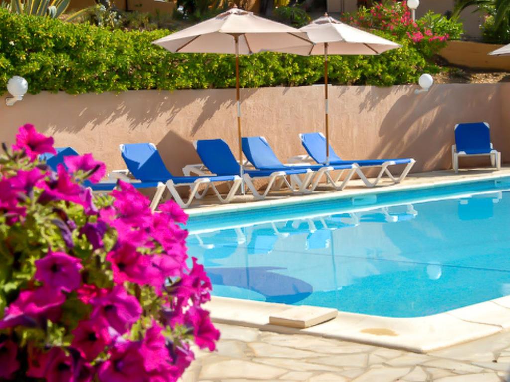 een zwembad met stoelen, parasols en paarse bloemen bij Apartment Cabannaccia-1 by Interhome in Serriera