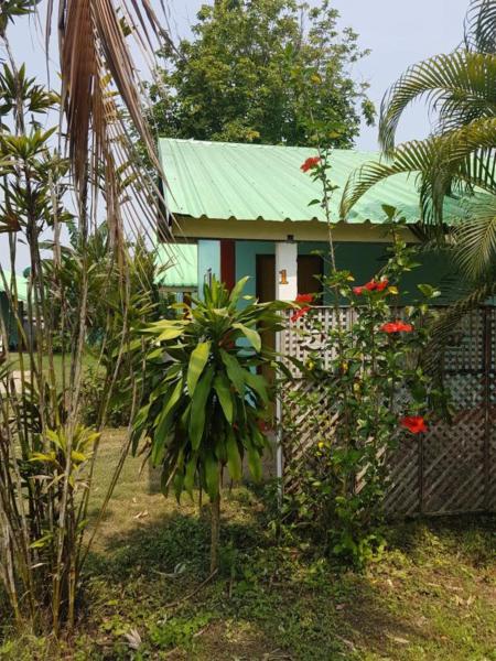 una pequeña casa con techo verde y algunas plantas en สบาย สบาย รีสอร์ท, en Ban Khao San