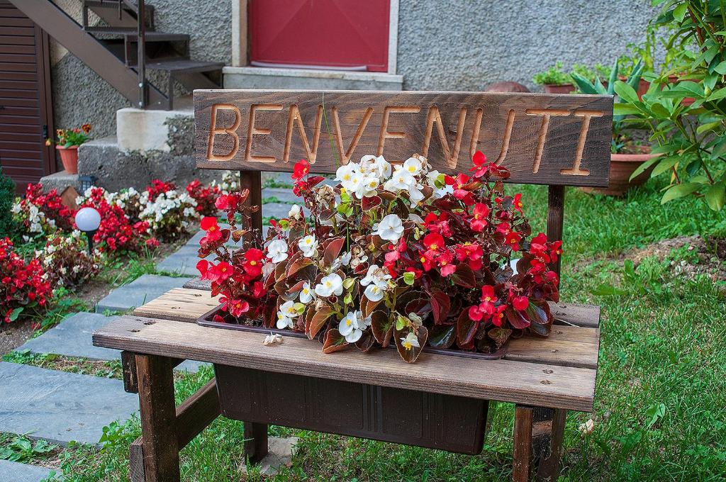 un banco de madera con flores rojas y blancas. en Bed &Breakfast Bellavista, en San Giovanni Bianco
