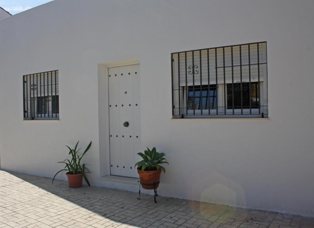 a white wall with a door and two potted plants at Apartamentos Angelita Plaza Beach in Málaga