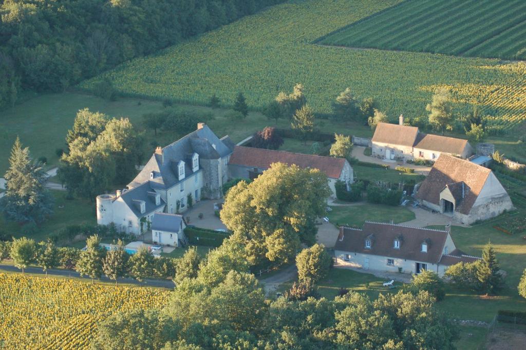 une vue aérienne sur une grande maison dans un champ dans l'établissement Manoir de Chaix, à Truyes