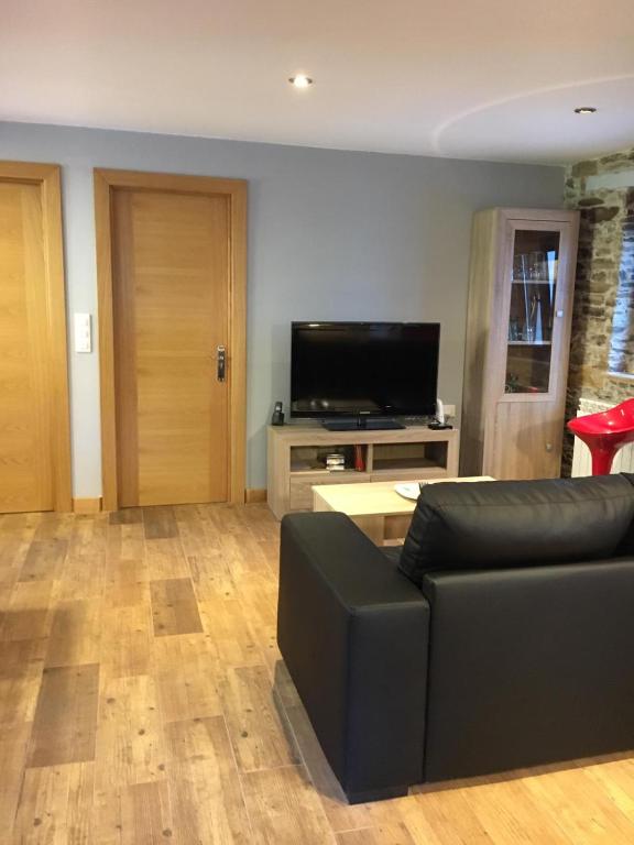 Una sala de estar con un sofá y un televisor de pantalla plana. en Narcea Turismo Real, en Cangas del Narcea