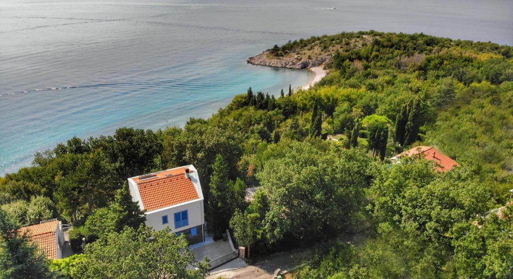 eine Luftansicht eines Hauses auf einem Hügel neben dem Meer in der Unterkunft Vila Nada in Jadranovo