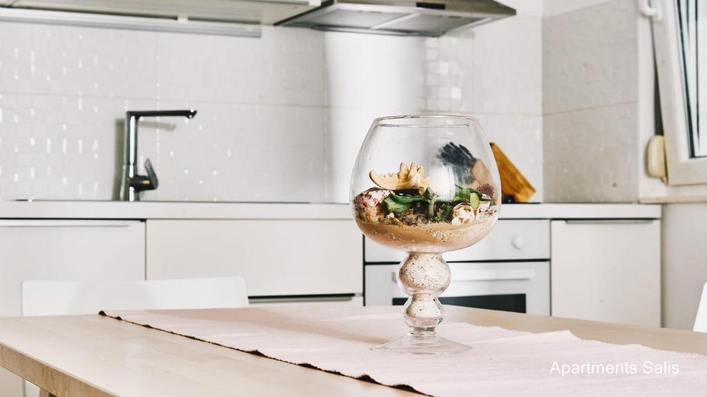 a wine glass with a fish in it on a kitchen counter at Salis Apartments in Vrsi