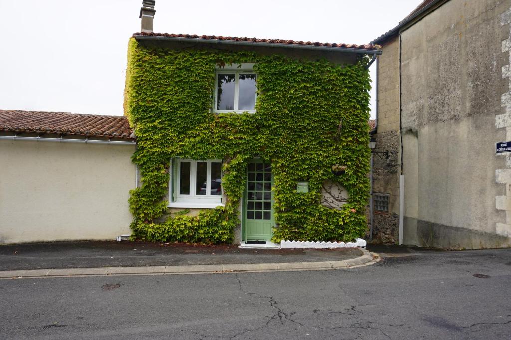 a green ivy covered building with a green door at Ivy house in LʼIsle-Jourdain