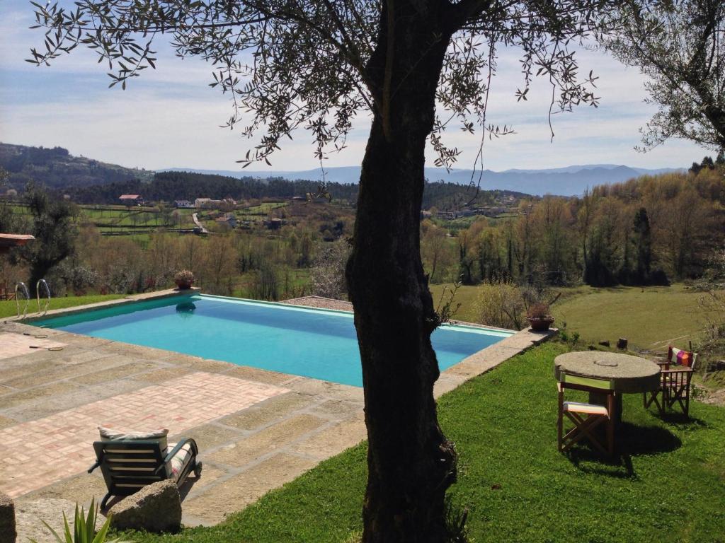 a swimming pool with a table and a tree at Quinta do Rapozinho in Cabeceiras de Basto
