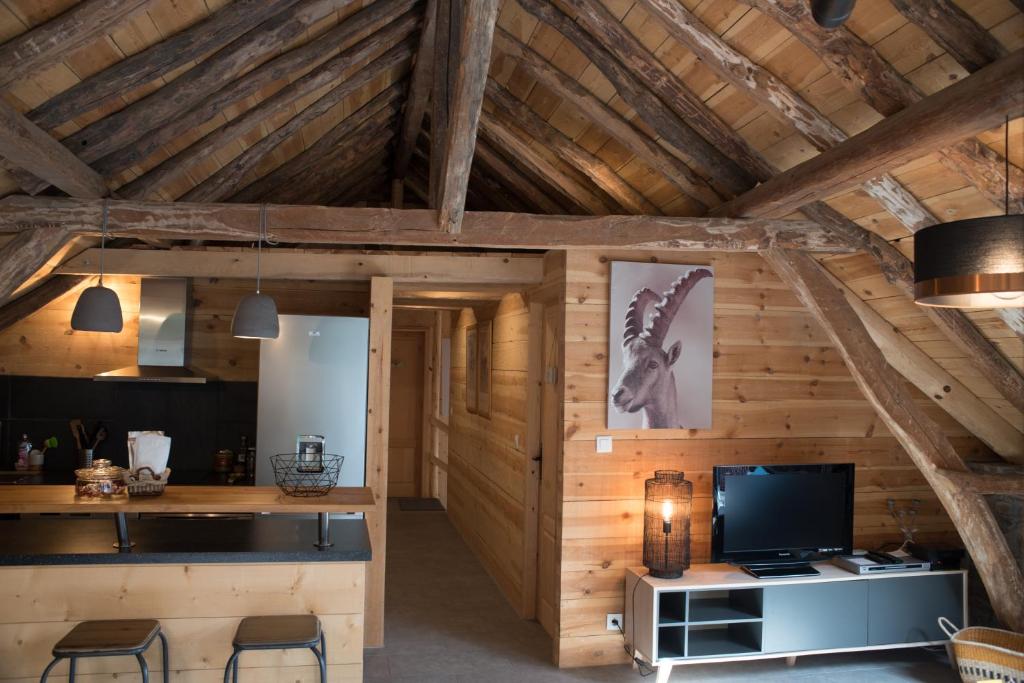 eine Küche und ein Wohnzimmer in einem Blockhaus in der Unterkunft Le Castanier in Montauban-de-Luchon