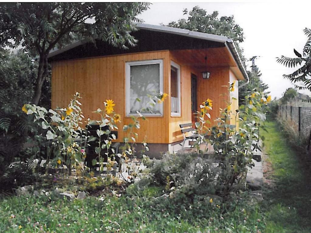 a small house with a window in a garden at Ferienhaus "Eierkuchen" in Lindig
