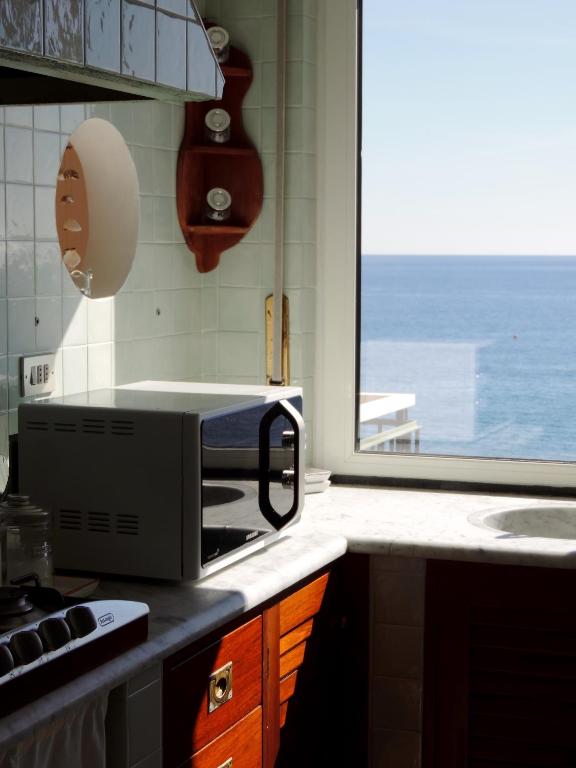 a kitchen with a microwave on a counter with a window at Le Casasse "Paradiso" in Varigotti