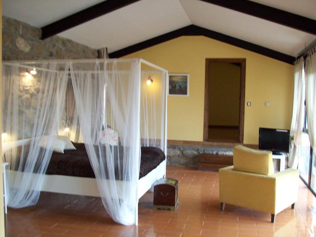 a bedroom with a bed with mosquito netting at Posada Palacio Manjabalago in Manjabálago