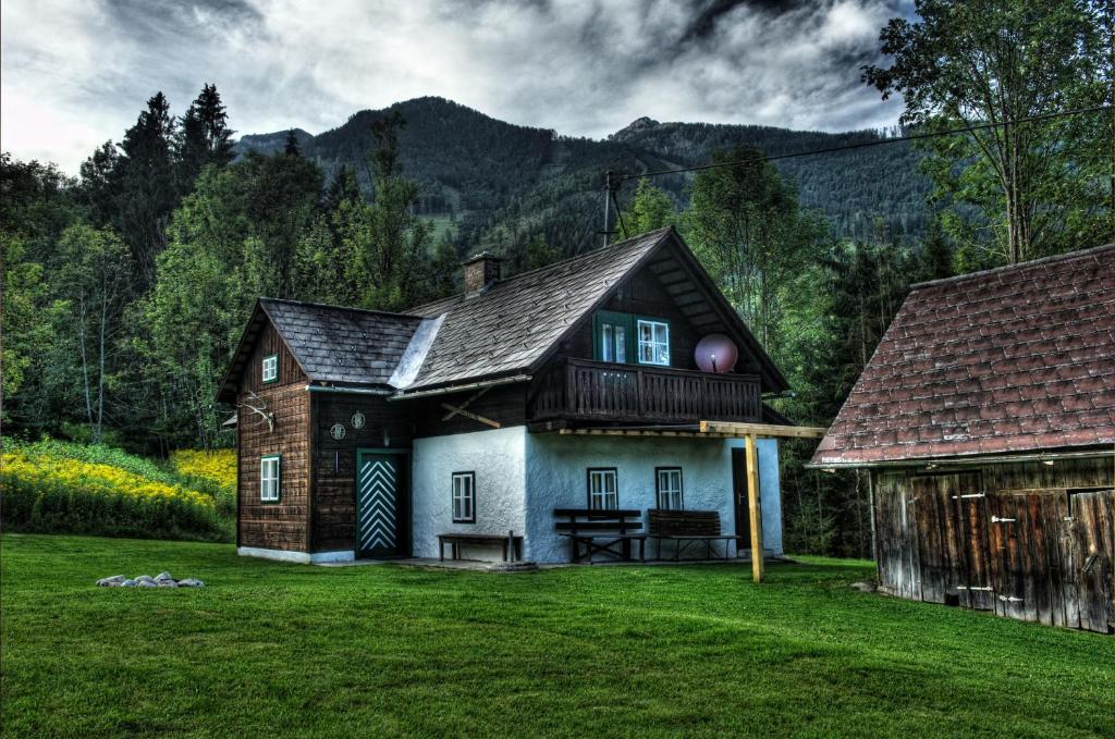 a house in the middle of a green yard at Stegerhütte in Hinterstoder