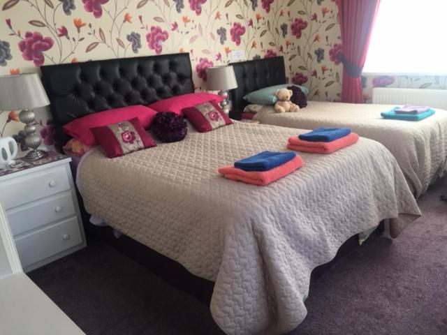 a bedroom with two beds with pink and blue pillows at Gwynfa in Porthmadog