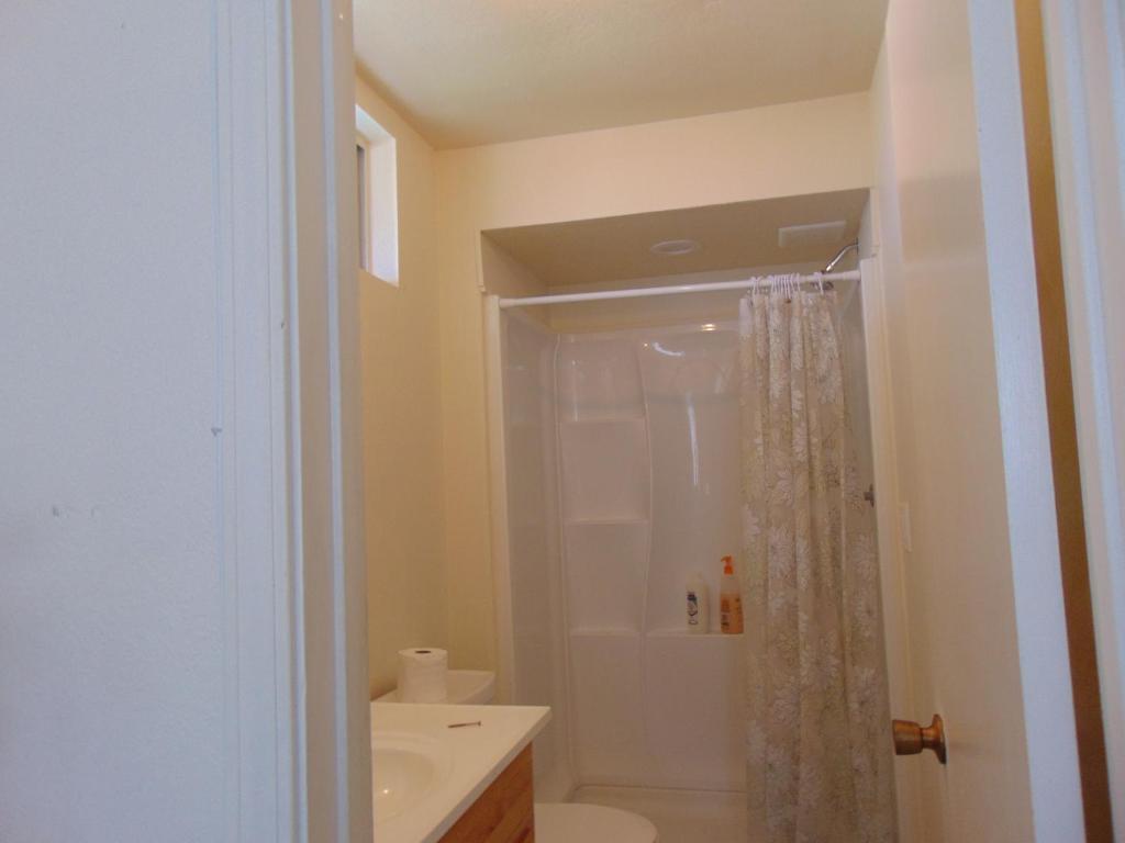 uma casa de banho com um chuveiro, um WC e um lavatório. em Ohana Hale em Kailua-Kona