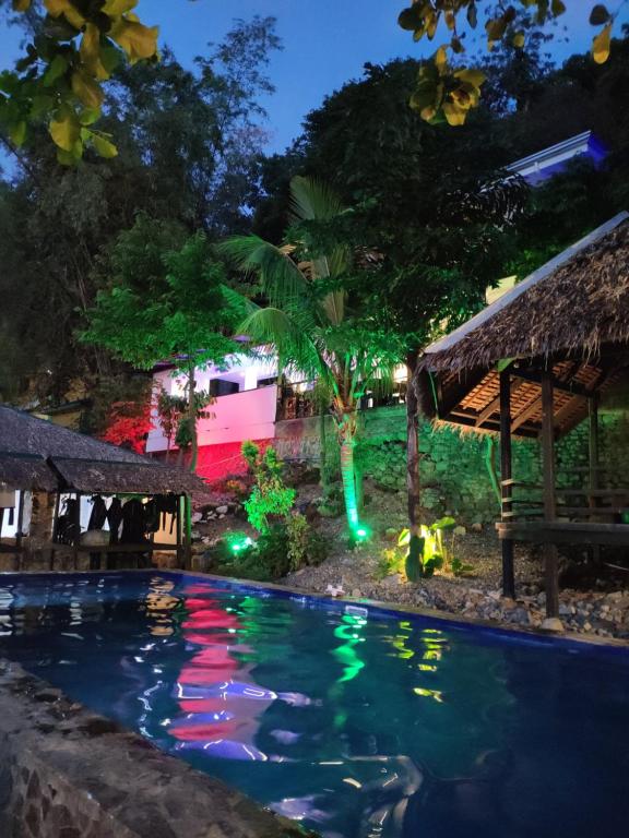 uma piscina iluminada à noite com luzes verdes em Blue Ribbon Dive Resort em Mabini