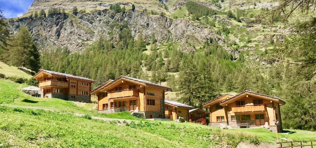 um grupo de casas numa colina com uma montanha em Element Chalets Zermatt em Zermatt