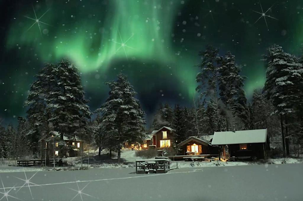 una cabina sotto l'aurora nella neve di Rustika strandstugor utanför Rättvik a Rättvik