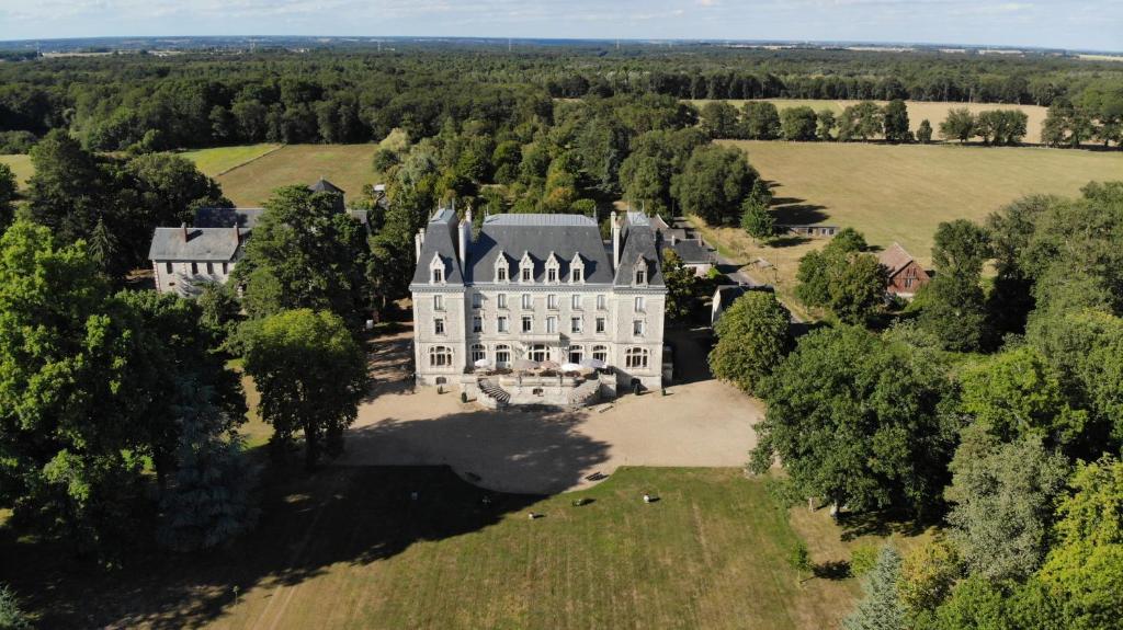 an aerial view of a large white house in a field at Chateau du Gerfaut in Azay-le-Rideau