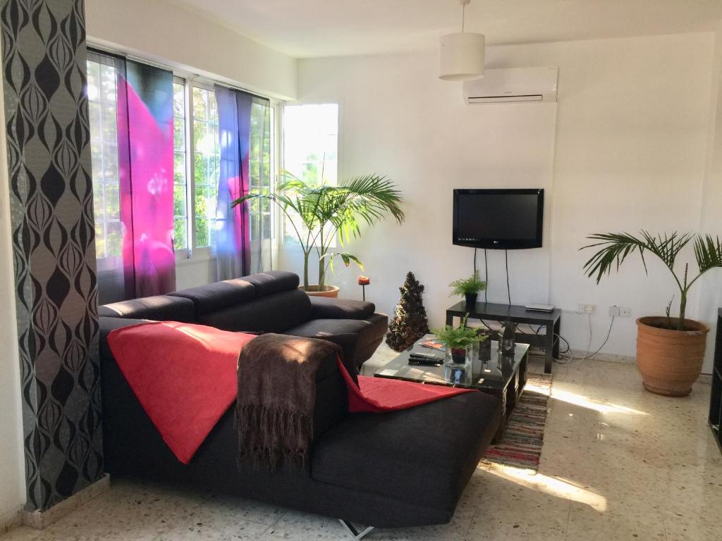 a living room with a couch and a tv at Vangelios Apartments in Paphos City