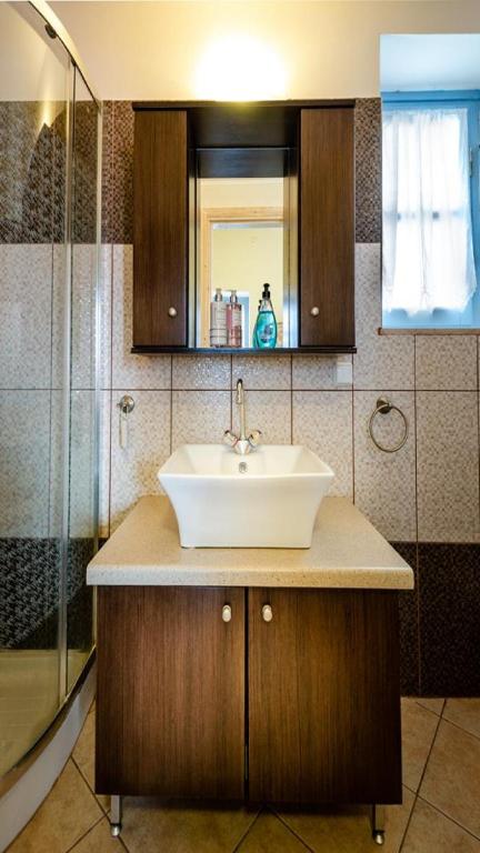a bathroom with a sink and a shower at Amazing House in Halki in Halki