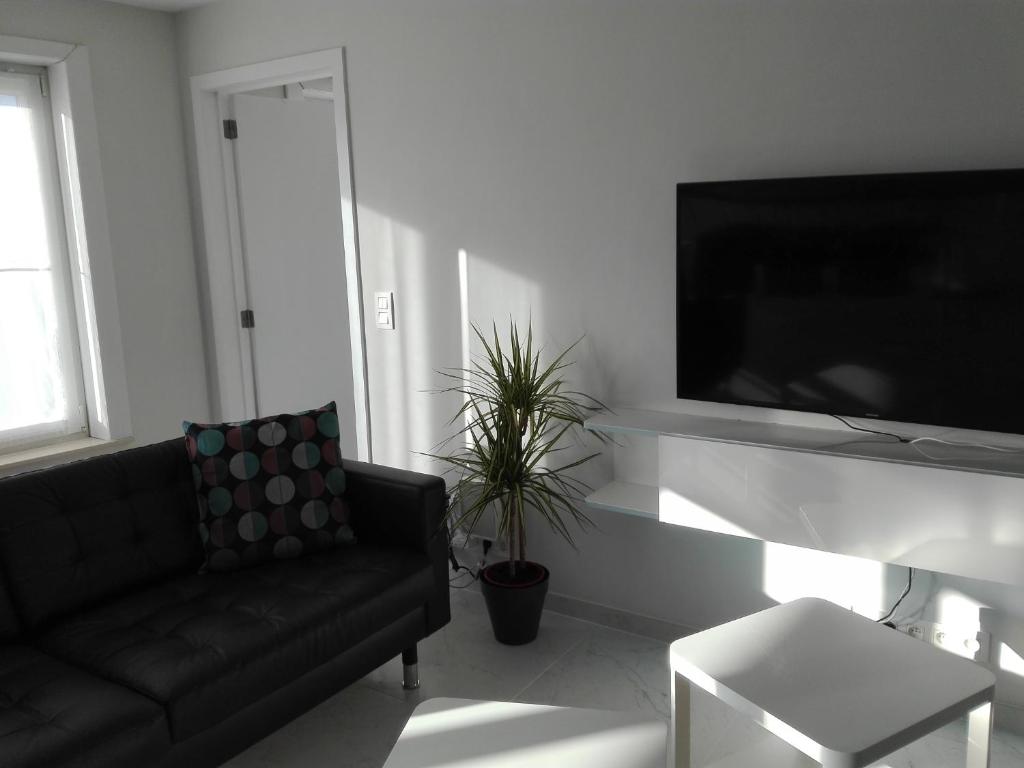 a living room with a black couch and a flat screen tv at Huize Fimo in Nieuwpoort