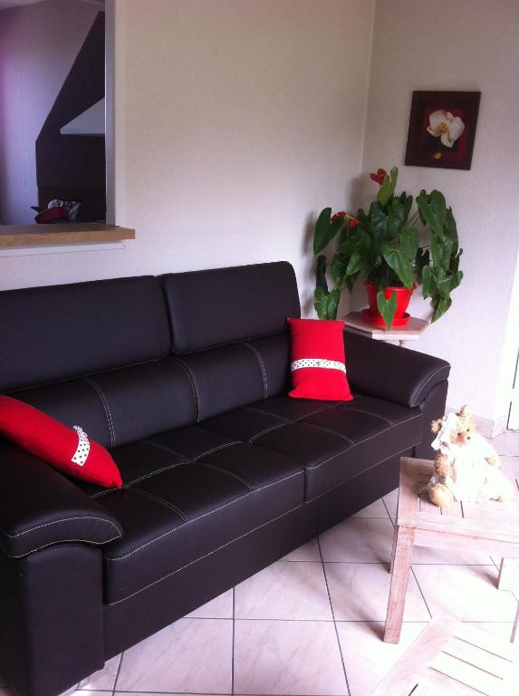 - un canapé en cuir noir dans le salon avec des oreillers rouges dans l'établissement Chez Fifille appartement dans Honfleur parking privé, à Honfleur