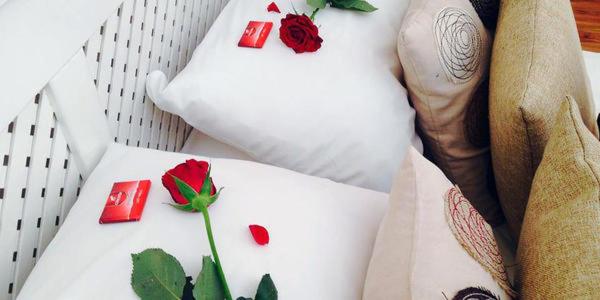 a person holding a pillow with two roses on it at Peaches & Cream Bed & Breakfast in Ladysmith