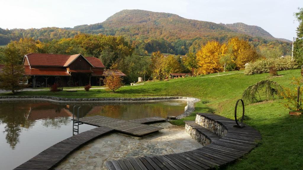a pond with a wooden walkway next to a house at Country house with a pool in Medvednica Nature Park in Zagreb
