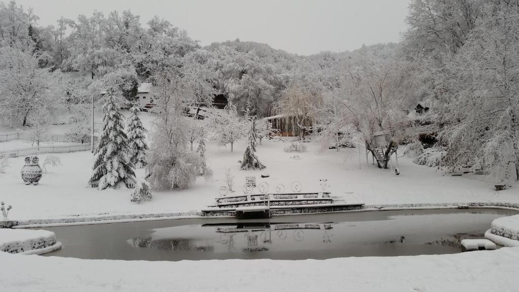 a park covered in snow with a pond and trees at Country house with a pool in Medvednica Nature Park in Zagreb