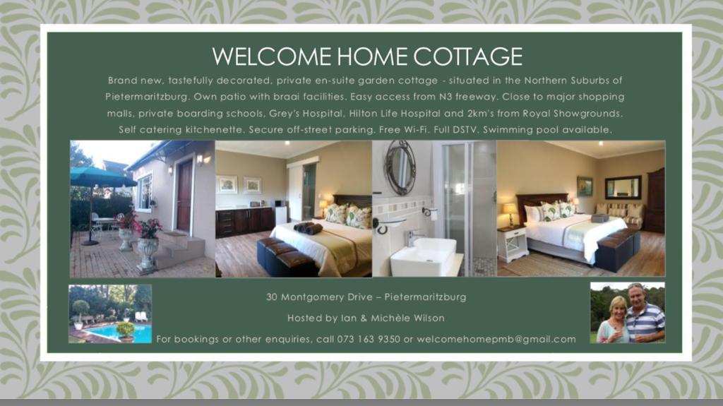 a flyer for a welcome home cottage with a picture of a hotel room at Welcome Home Cottages in Pietermaritzburg