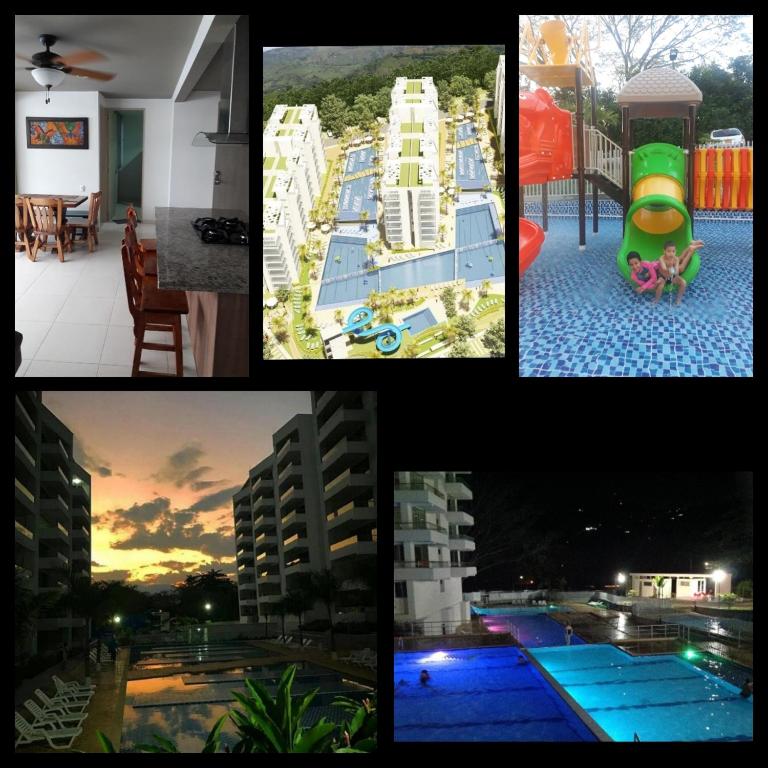 a collage of pictures of buildings and a pool at Casa de verano in San Jerónimo