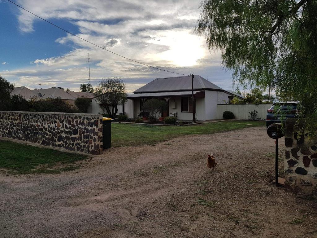 a chicken walking down a dirt road in front of a house at Stonewall Cottage in Moonta