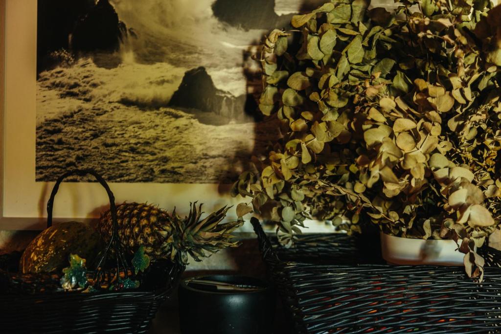 a table with a plant and a picture on a wall at Mi Refugio in Alicante