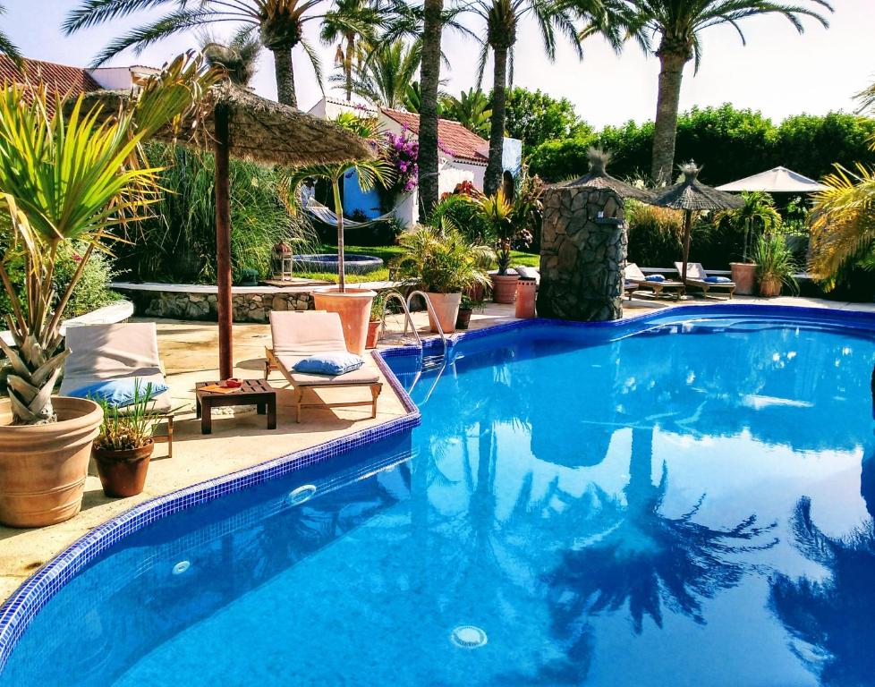 einen großen blauen Pool mit Stühlen und Palmen in der Unterkunft Birdcage Gay Men Resort and Lifestyle Hotel in Playa del Ingles