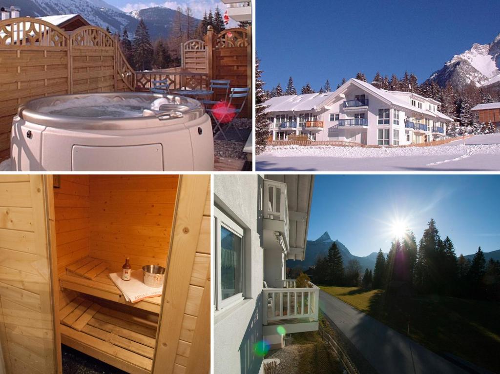 a collage of pictures with a house and a hot tub at Chalet Danninger in Ehrwald