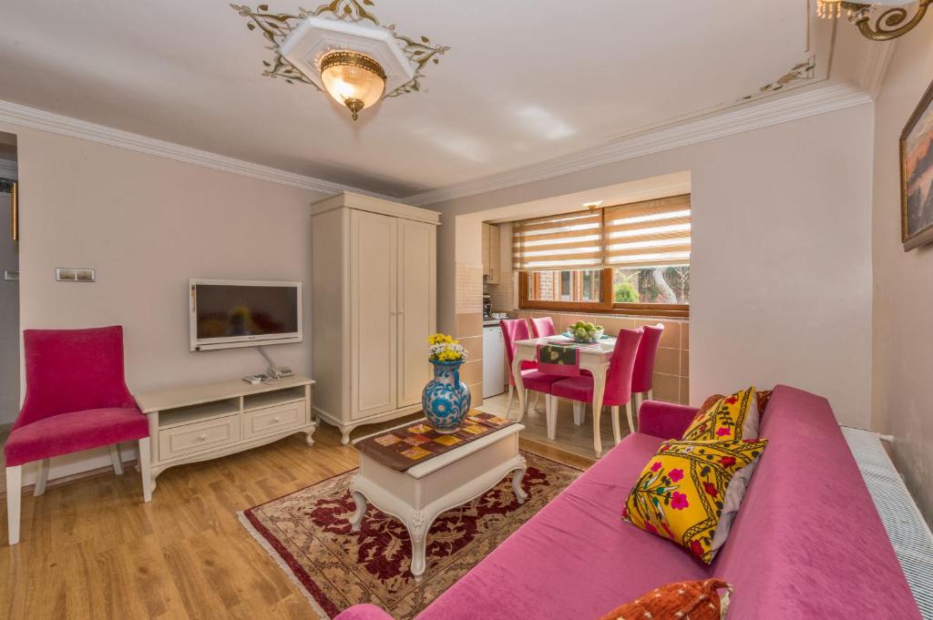 sala de estar con sofá púrpura y mesa en Olive Garden Suite Hotel, en Estambul