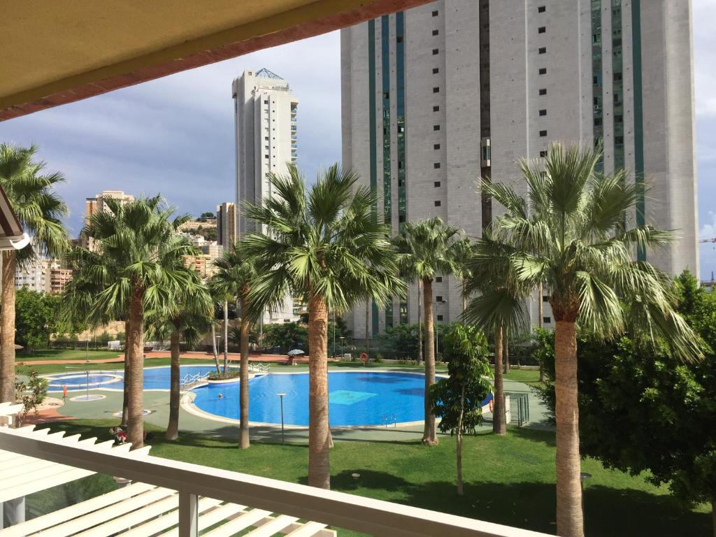 - une vue depuis le balcon d'un hôtel avec des palmiers dans l'établissement Maravilloso Complejo Residencial, à Benidorm