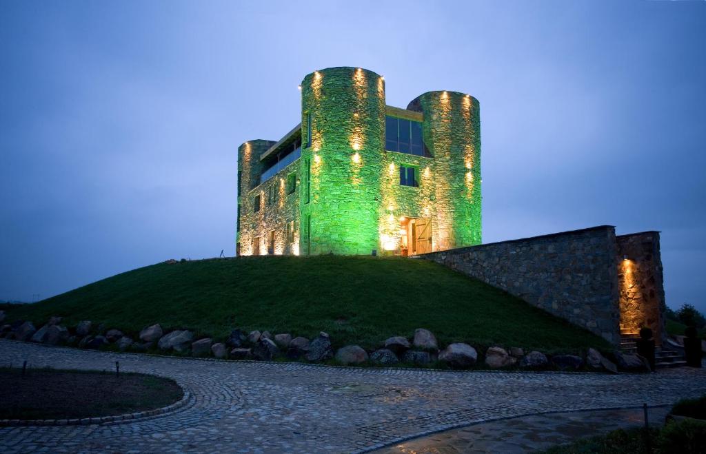 a building on top of a hill with green lights at Chateau Copsa Complex in Moskovets