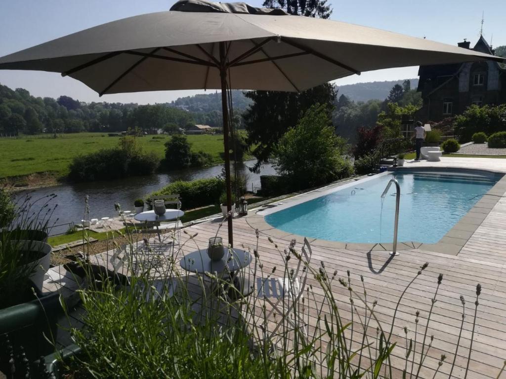 a pool with an umbrella next to a swimming pool at Château Martin in Esneux