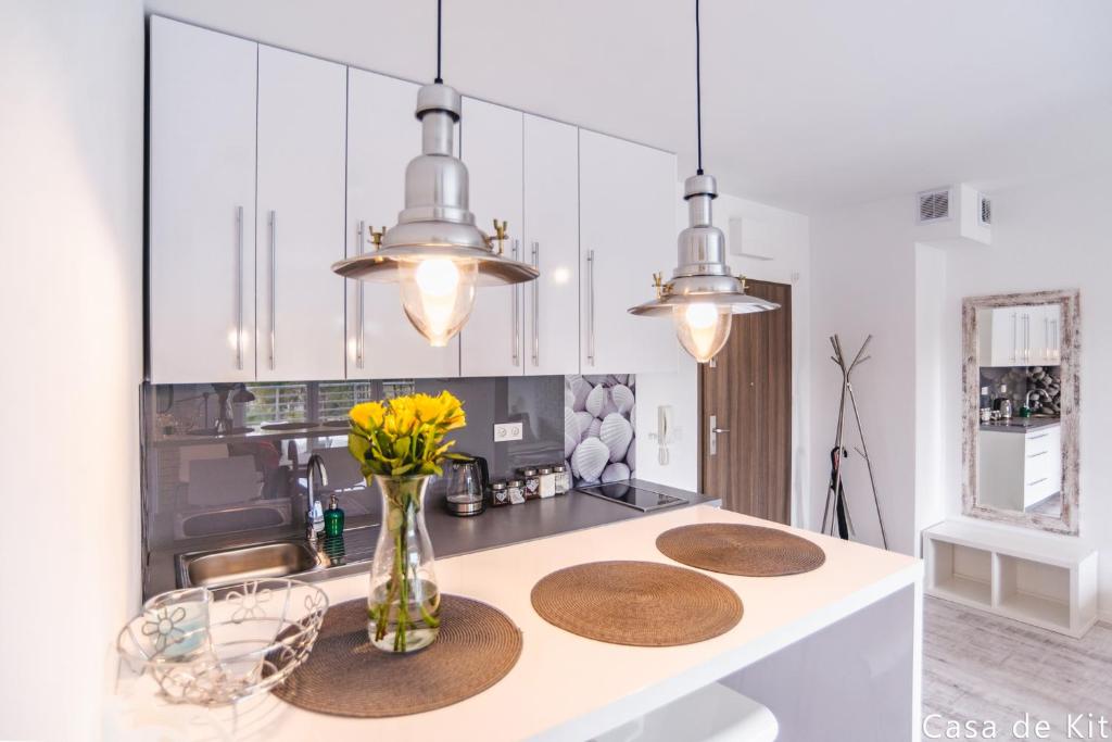 a kitchen with a counter with a vase of flowers on it at Apartament Casa de Kit in Pogorzelica