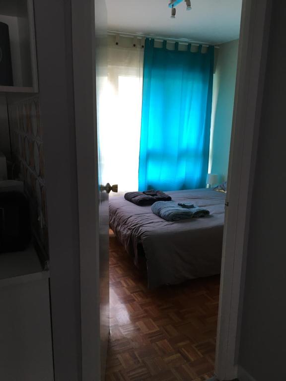 1 Schlafzimmer mit 2 Betten und einem Fenster mit blauen Vorhängen in der Unterkunft Appartement plage in Sopelana