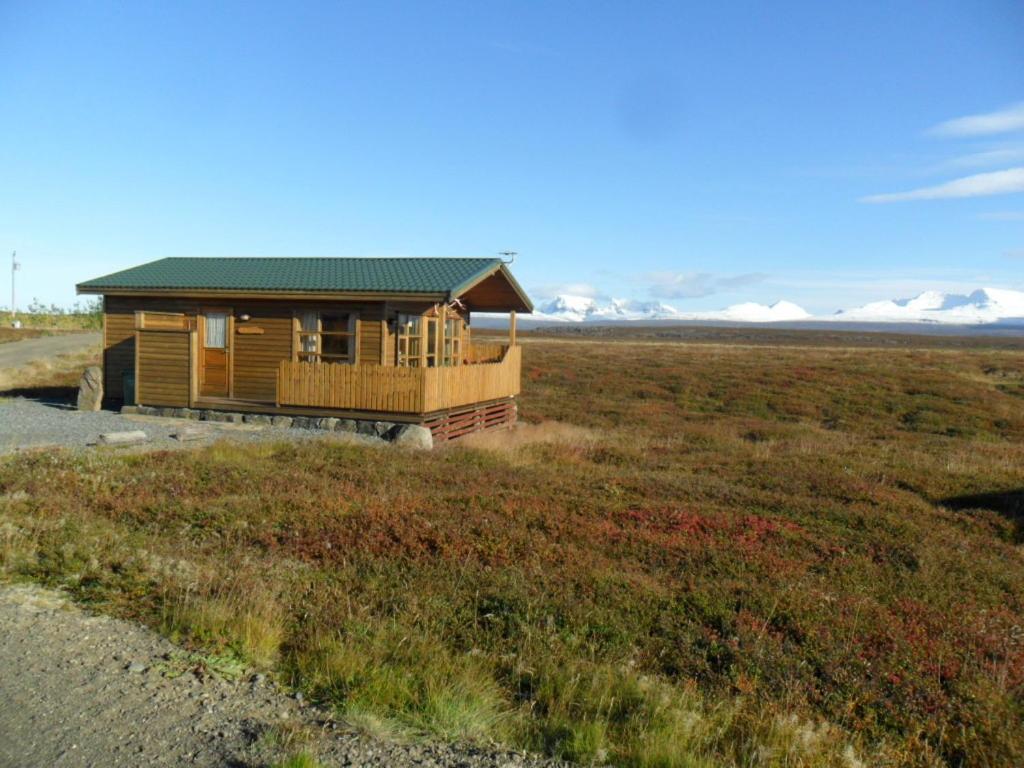 a cabin in the middle of a field at Ekra Cottages in Lagarfljótsvirkjun