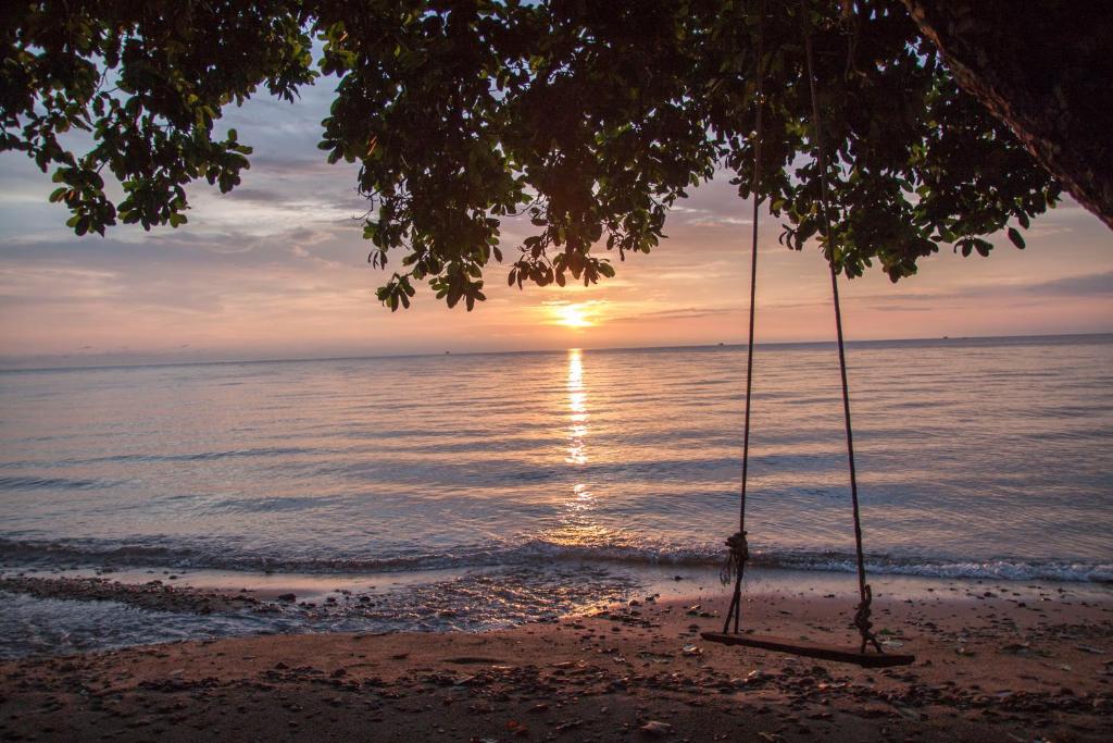 a swing hanging from a tree on the beach at sunset at Ban_na in Ko Chang
