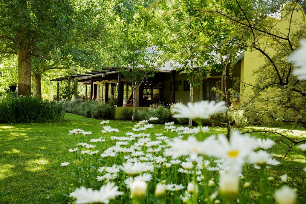 un jardín con flores blancas frente a un edificio en La Matera Posada de Campo en San Rafael