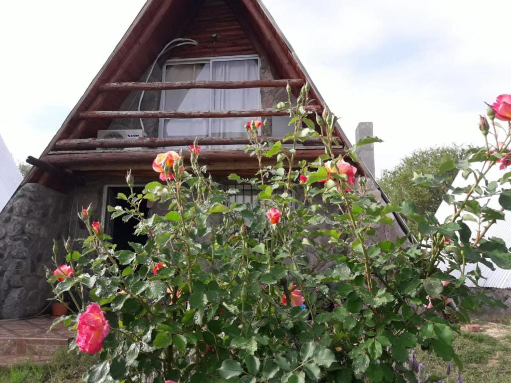una casa con una ventana y un arbusto con rosas en Cabañas Laukan en San Agustín de Valle Fértil